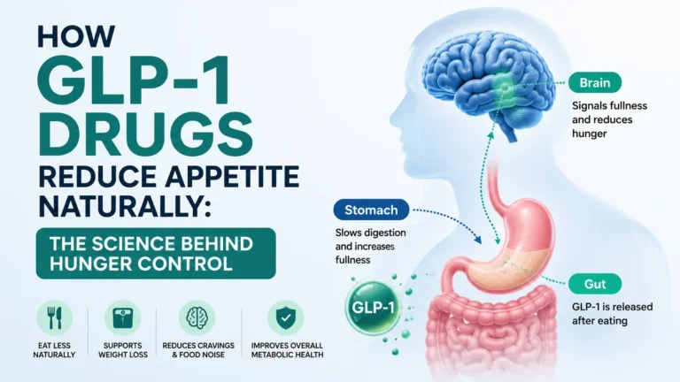 Illustration showing how GLP-1 drugs reduce appetite by signaling fullness to the brain, slowing digestion, and controlling hunger naturally